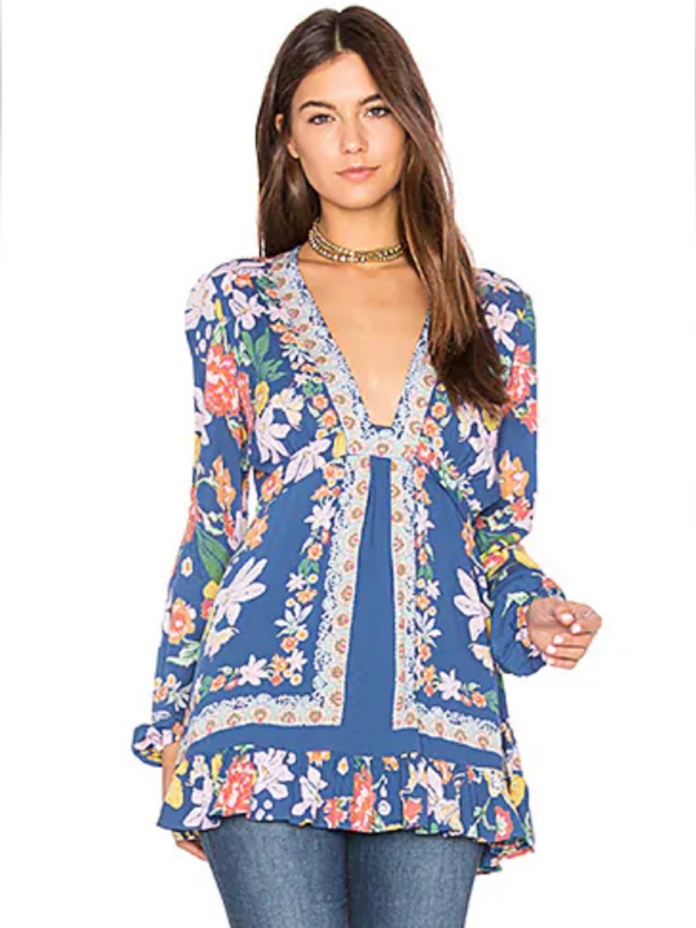 Free People Violet Hill printed tunic top mini dress blue floral